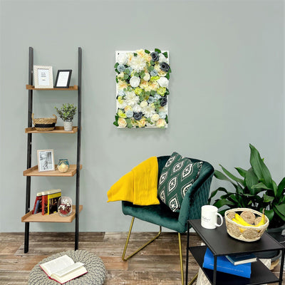 Flowerframe "SCHARFSINN" aus Realtouch Kunstpflanzen, Holzrahmen mit weißem Decor